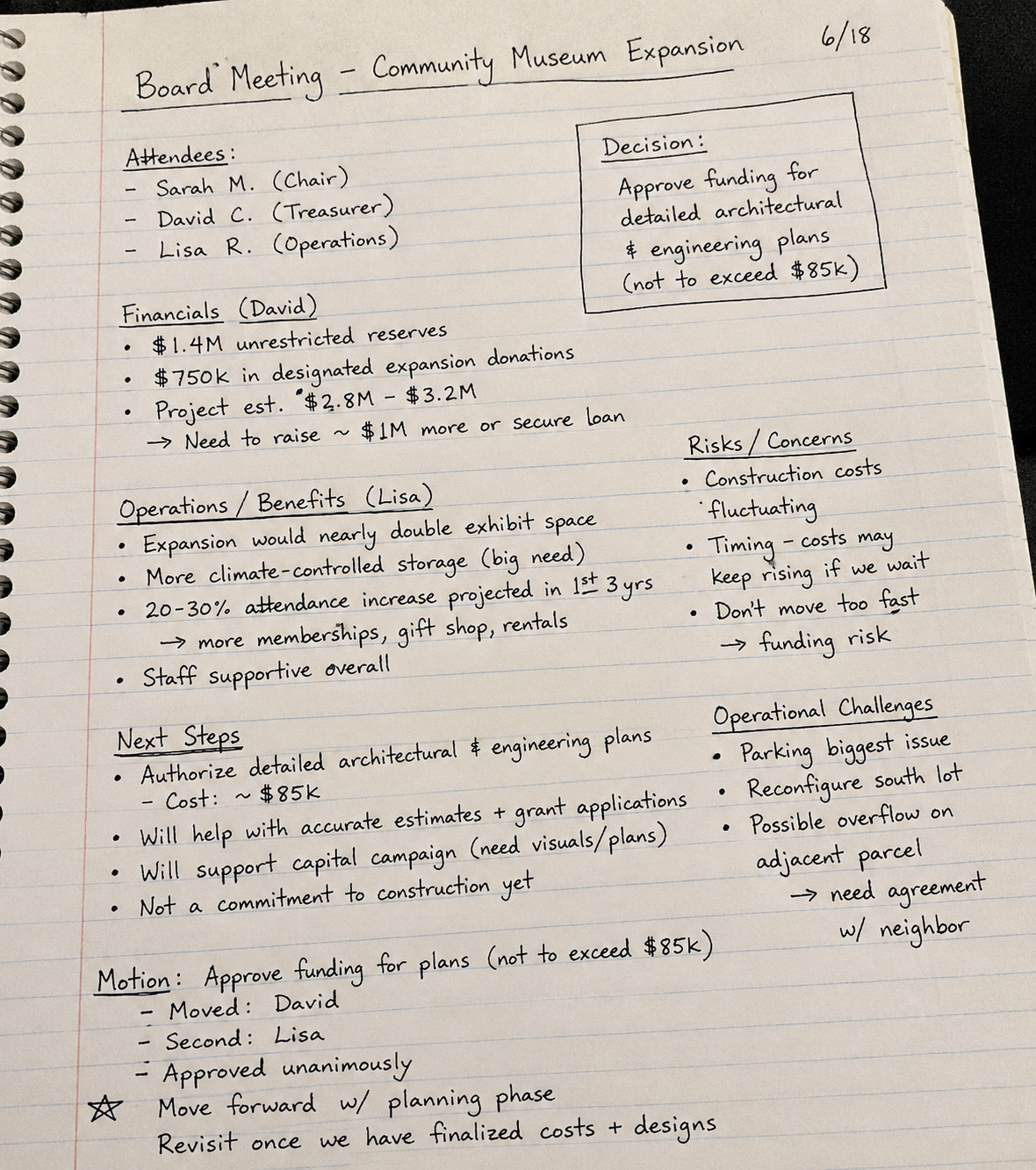 Handwritten meeting notes for the community museum expansion project