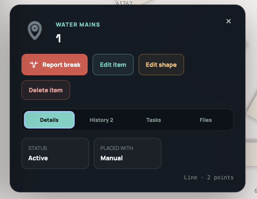 N3XRA Maps asset panel with details, history, tasks, and files