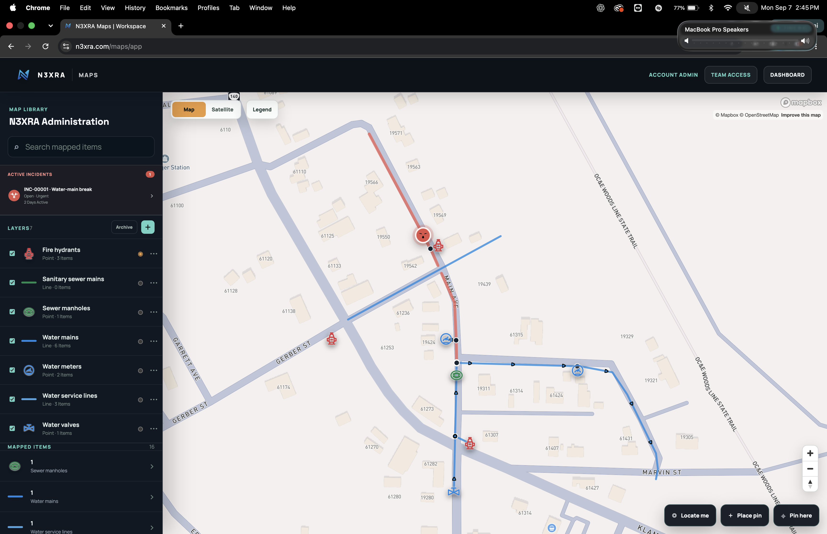 N3XRA Maps workspace showing utility layers, connected water mains, meters, hydrants, a valve, and an active water-main break