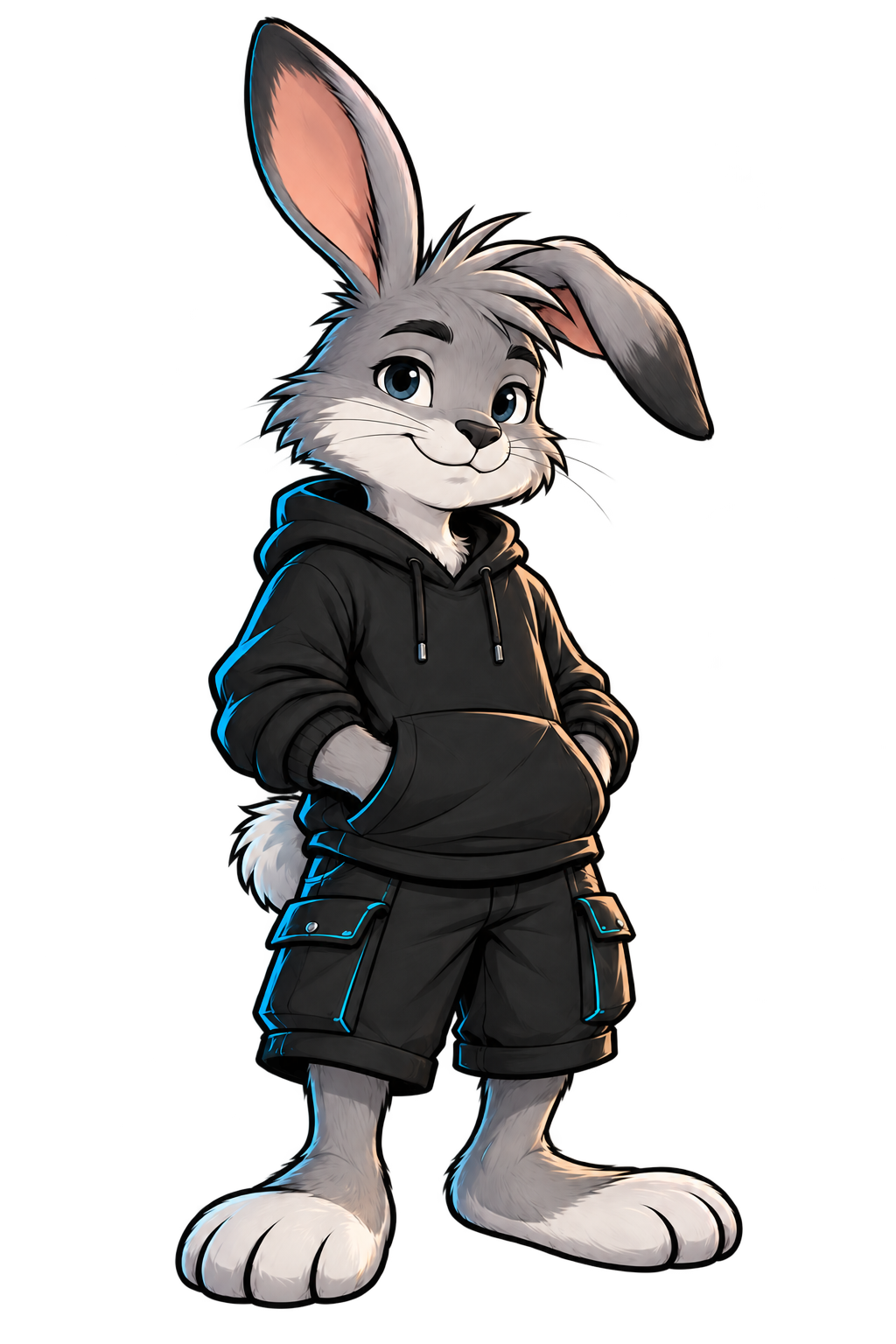 NEX, our friendly gray rabbit in a black hoodie