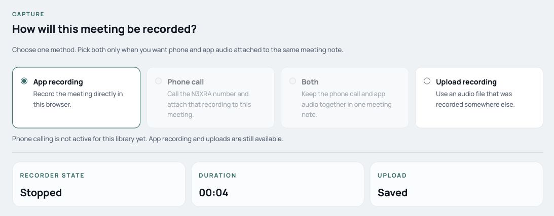 Recording controls in the live Meeting Notes workspace, including app recording, audio upload, and recording status.