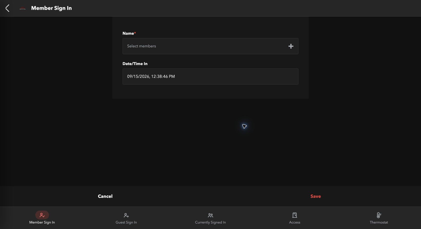 Actual Ruth Obenchain Recreation Center app showing Member Sign In, member selection, date and time, and navigation for guests, current attendance, access, and thermostat controls.